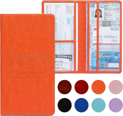 Car Registration and Insurance Card Holder for Women Men, Orange Glove Box Paperwork Organizer with Magnetic Buckle for Easy Access and Protect Documents and Various Cards in Vehicle