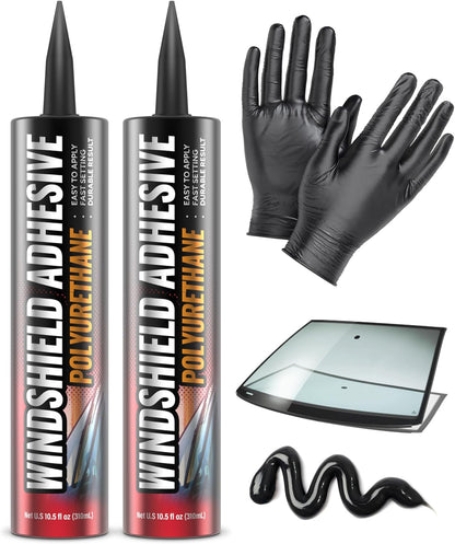 [2 Pack] Polyurethane Windshield Adhesive - Quick Curing & Weather Resistant Auto Glass Adhesive, Vertical & Overhead Application, Windshield Repair Kit with Gloves, Applicator Tip & Cartridge - 310ml
