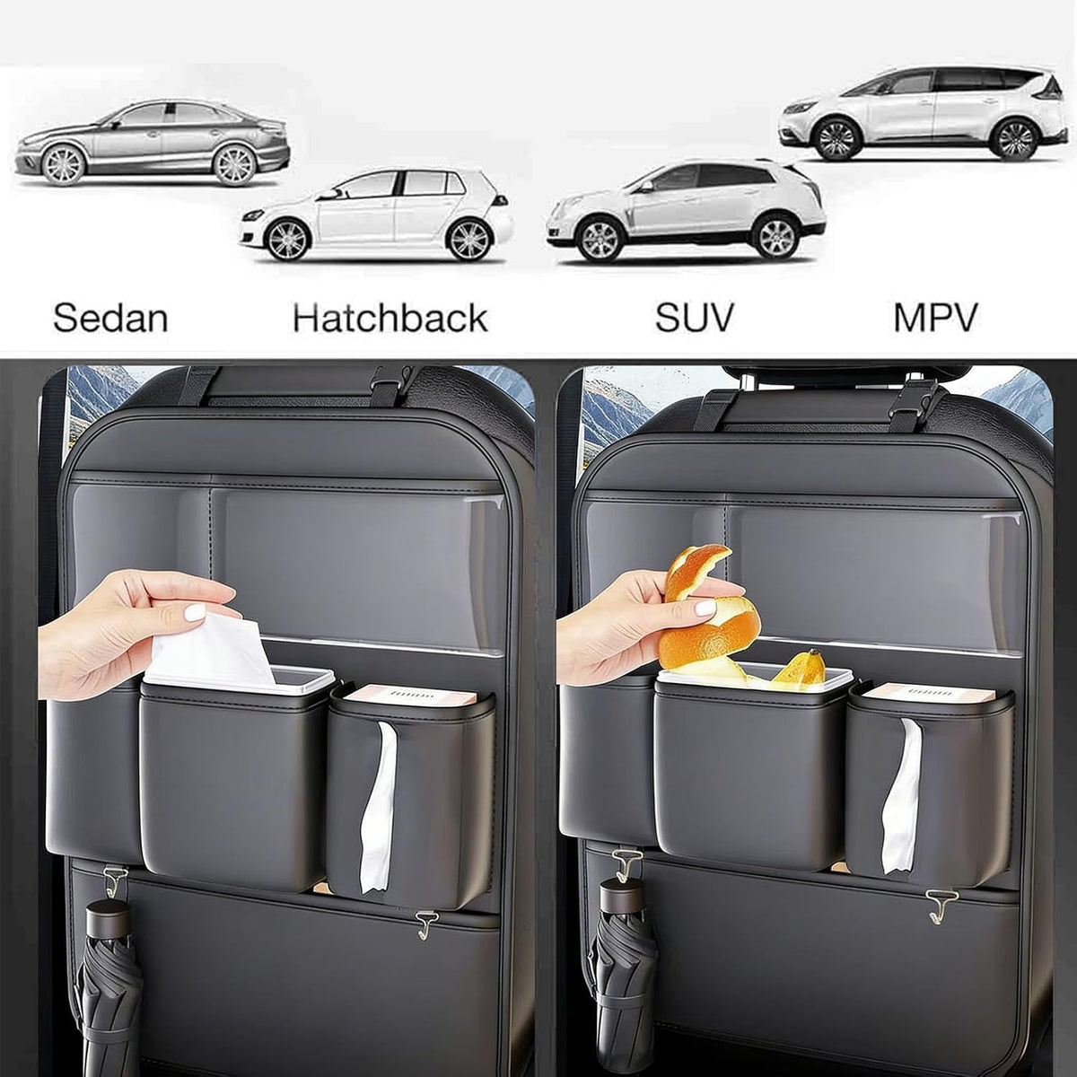 Leather Car Seat Back Organizer, Backseat Kick Mat Protector with Clear Touchscreen Tablet Holder, Cup Holder, Tissue Holder and Storage Pockets, Fits Cars SUVs Minivans, Black