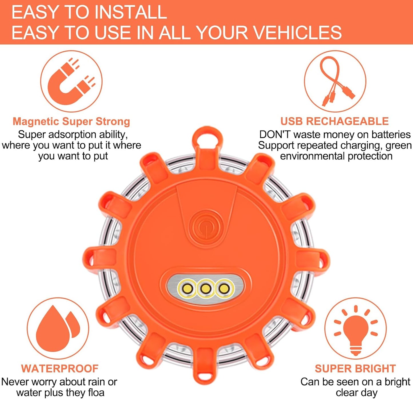 Tobfit 6 Pack LED Road Flares Emergency Lights Roadside Safety Beacon Disc Flashing Warning Flare Kit with Magnetic Base & Hook for Car Truck Boats | 9 Flash Modes (Batteries Not Included) (6)