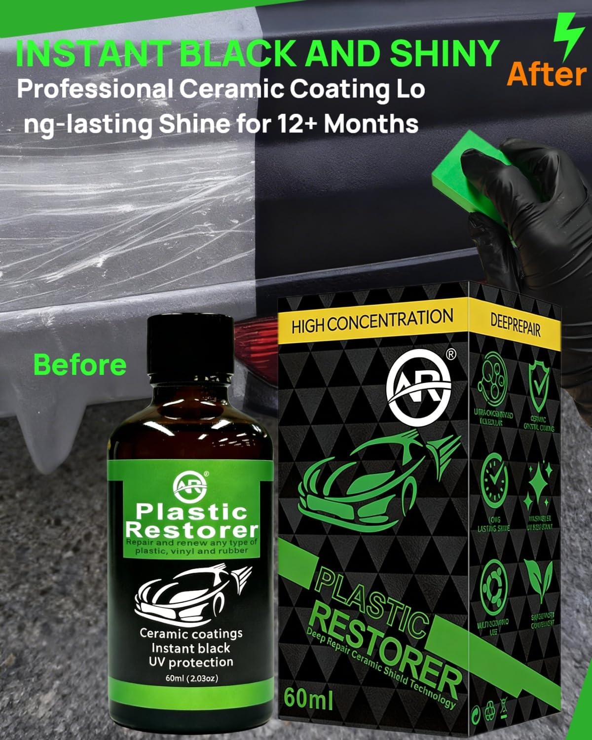 Plastic Restorer for Cars, 60ML Black Trim Restorer, Back to Black Plastic Restorer, High Concentration Ceramic Crystal Hydrophobic Coating Lasting Shine Up to 12 Months+ & UV Protection & Deep Repair
