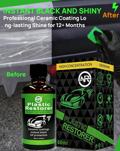 Plastic Restorer for Cars, 60ML Black Trim Restorer, Back to Black Plastic Restorer, High Concentration Ceramic Crystal Hydrophobic Coating Lasting Shine Up to 12 Months+ & UV Protection & Deep Repair