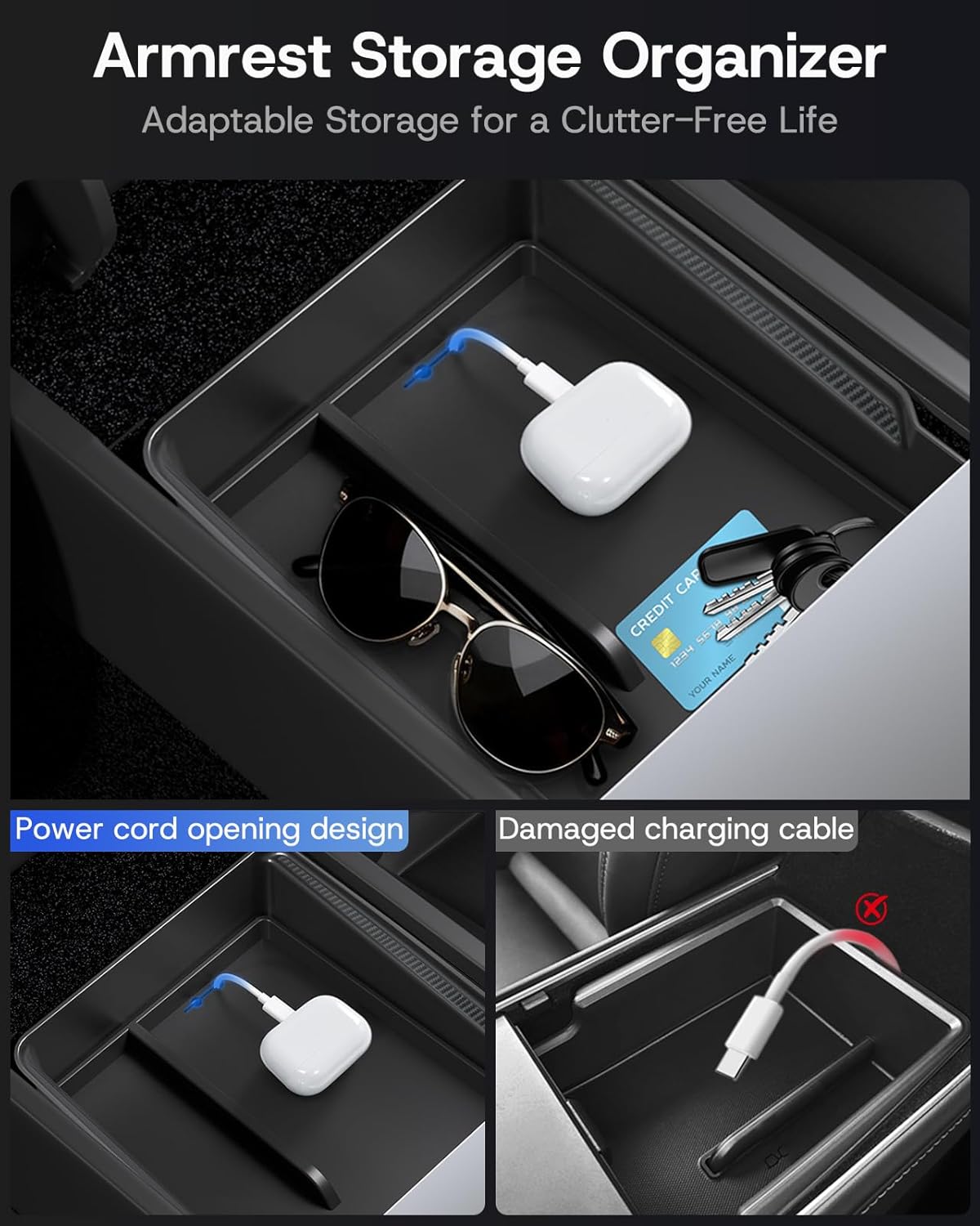 Center Console Organizer Tray for Tesla Model Y Juniper 2026 2025 (Premium & Performance), 8PCS - PC Material & Silent Silicone Armrest Storage Box Bottom Liners Wireless Charging Pad Cup Holder