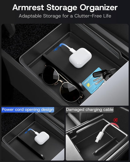 Center Console Organizer Tray for Tesla Model Y Juniper 2026 2025 (Premium & Performance), 8PCS - PC Material & Silent Silicone Armrest Storage Box Bottom Liners Wireless Charging Pad Cup Holder