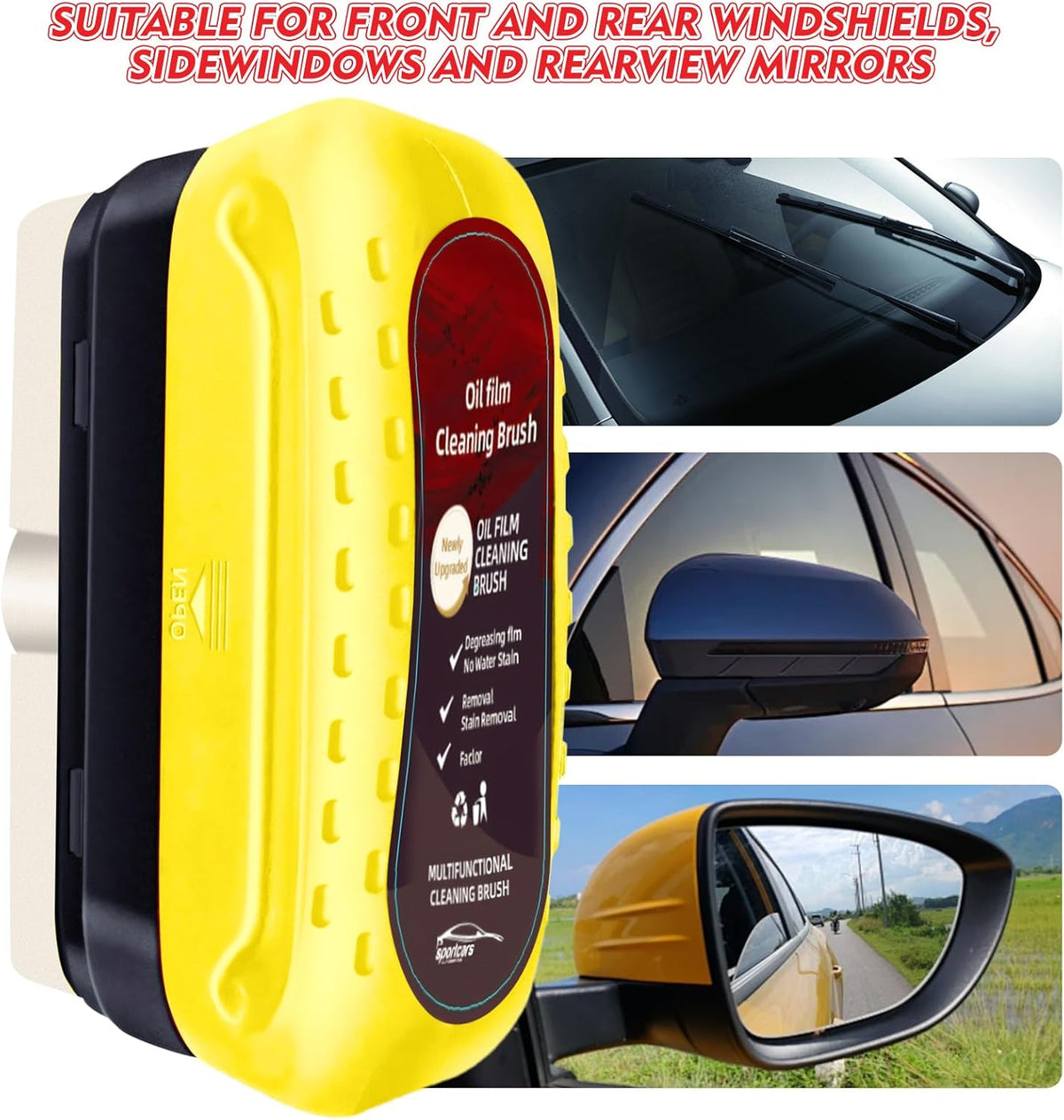 Automotive Oil Film Cleaning Brush with Reusable Foam Sprayer, Upgraded Antifog Glass Cleaning Board, Glass Oil Film Remover for Car Windows & Windshields, Versatile Car Glass Cleaner Brush (Red)