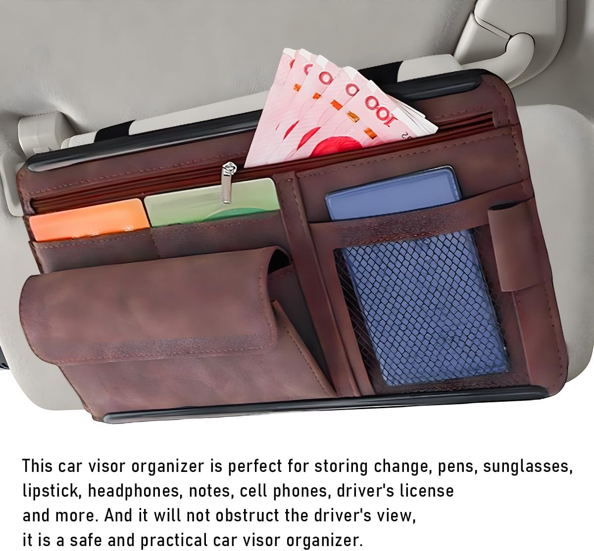 Yourkar Car Sun Visor Organizer, Soft Leather Surface Eyeglasses Note Card Holder Car Storage Bag, Scratch-Resistant Waterproof Auto Sunshade Organizer Bag, Car Accessories (Gray)