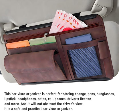 Yourkar Car Sun Visor Organizer, Soft Leather Surface Eyeglasses Note Card Holder Car Storage Bag, Scratch-Resistant Waterproof Auto Sunshade Organizer Bag, Car Accessories (Gray)