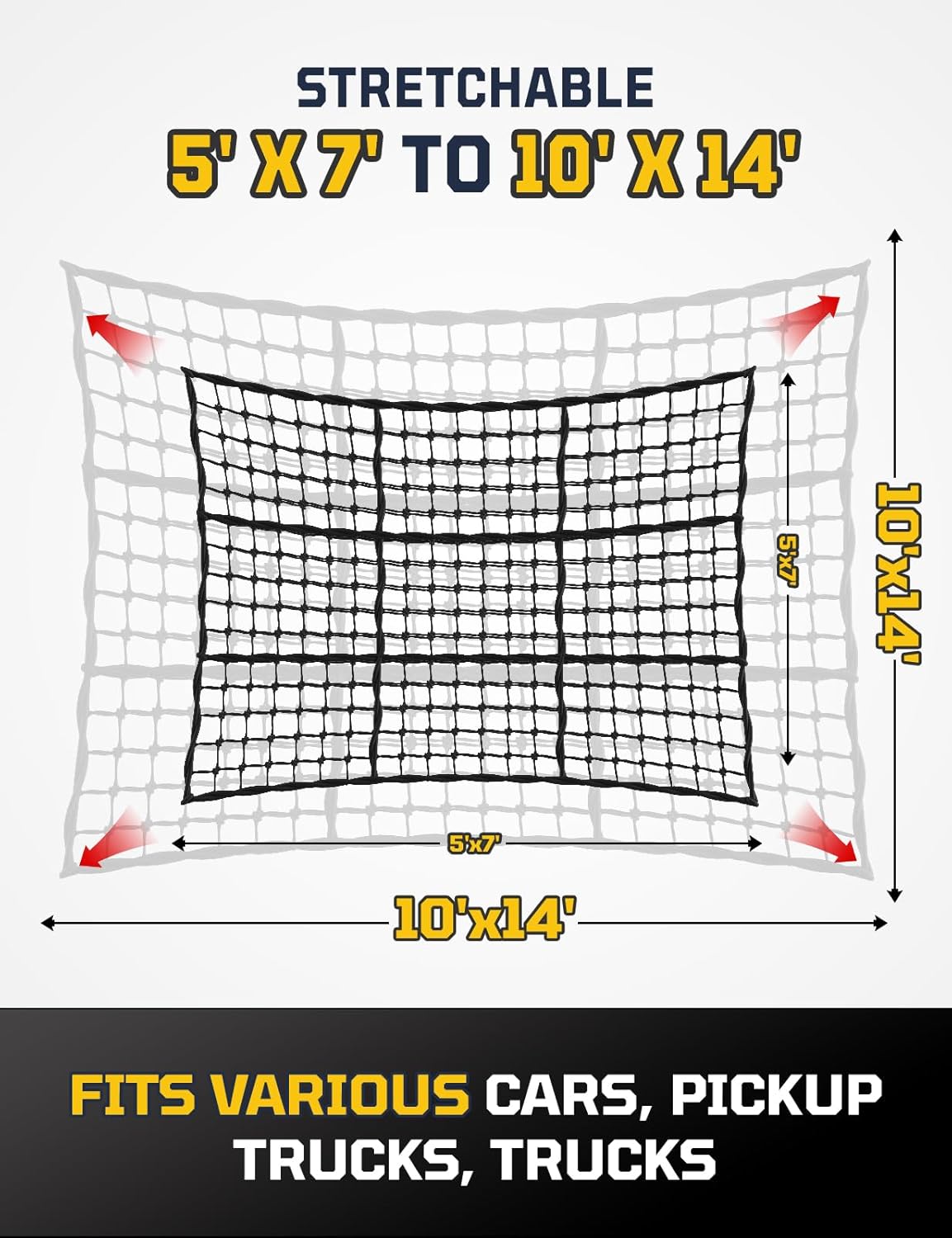 AUTOWN Cargo Net for Pickup Truck Bed - Stretchable 4' x 6' to 8' x 12' with 4" x 4" Mesh, Heavy Duty 10mm Cord Bungee Bed Netting with 12 Metal Carabiners - Ideal for ATV, SUV, UTV and Truck