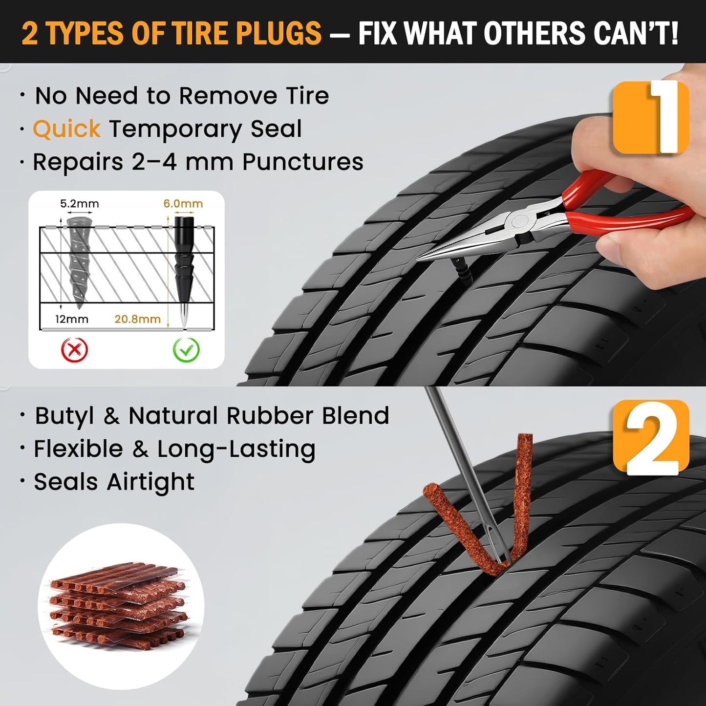 ORCISH Heavy Duty Tire Plug Kit - 70pcs All-in-One Universal Tire Repair Kit for Tubeless Flats, Emergency Tire Patch Kit for Car, Truck, SUV, ATV, Motorcycle, Trailer & RV