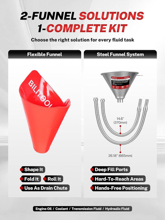 BILITOOLS 26.2" Steel Flexible Oil Funnel with Filter for Automotive Use | Metal Bendable Spout Funnel for Oil Fluids Change, Long Neck Funnels for Transmission Fluid