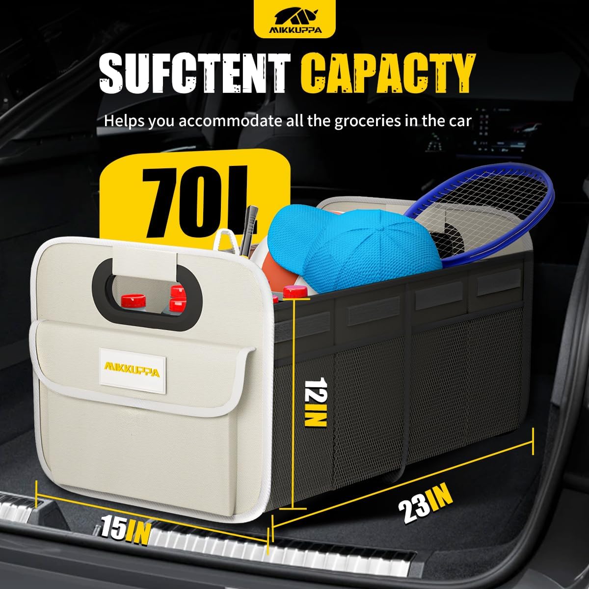 MIKKUPPA Car Trunk Organizer - 70L Collapsible Trunk Organizer for Groceries, Car Storage Organizers for SUV Auto Truck Van with Non Slip Bottom (Black)