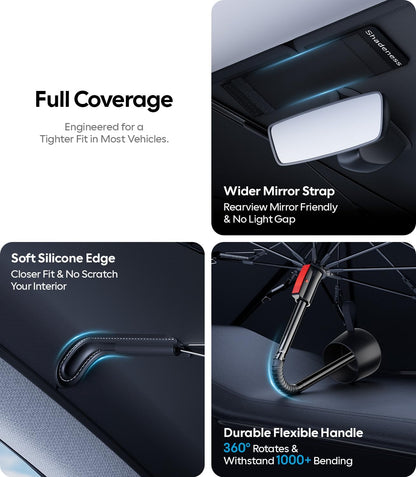 Wigoo Windshield Sun Shade Umbrella for Tesla Model Y [100% Sun Blockage, Ice Cooling Fabric] Foldable Heat Insulation Front Window Sunshade Umbrella for Tesla Model Y 2020–2026 (Juniper)