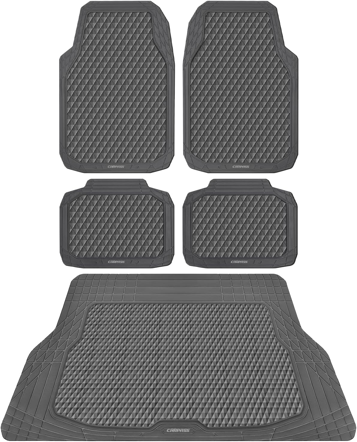 CAR PASS Black Rubber Car Mats, All-Weather Floor Mats Full Set Durable Anti-Slip 3D Rhombus Waterproof Automotive Pad Trim to Fit Liner Universal Fit for Sedan SUV Truck Van, 4 Pcs All Black Rubber