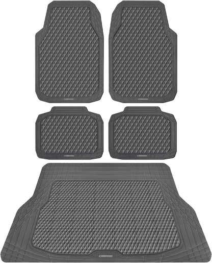 CAR PASS Black Rubber Car Mats, All-Weather Floor Mats Full Set Durable Anti-Slip 3D Rhombus Waterproof Automotive Pad Trim to Fit Liner Universal Fit for Sedan SUV Truck Van, 4 Pcs All Black Rubber