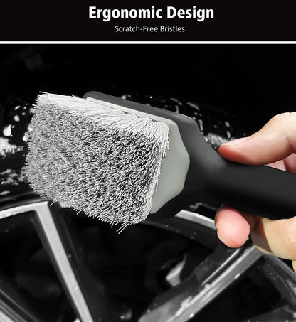 YeewayVeh 3PCS Quick Car Wheel Brush Kit, 2-Size 360° Bendale Rim Cleaner Brushes, Boars Hair Detailing Brush, Fast Scratch-Free Cleaning for Car Wheels, Motorcycle, Green