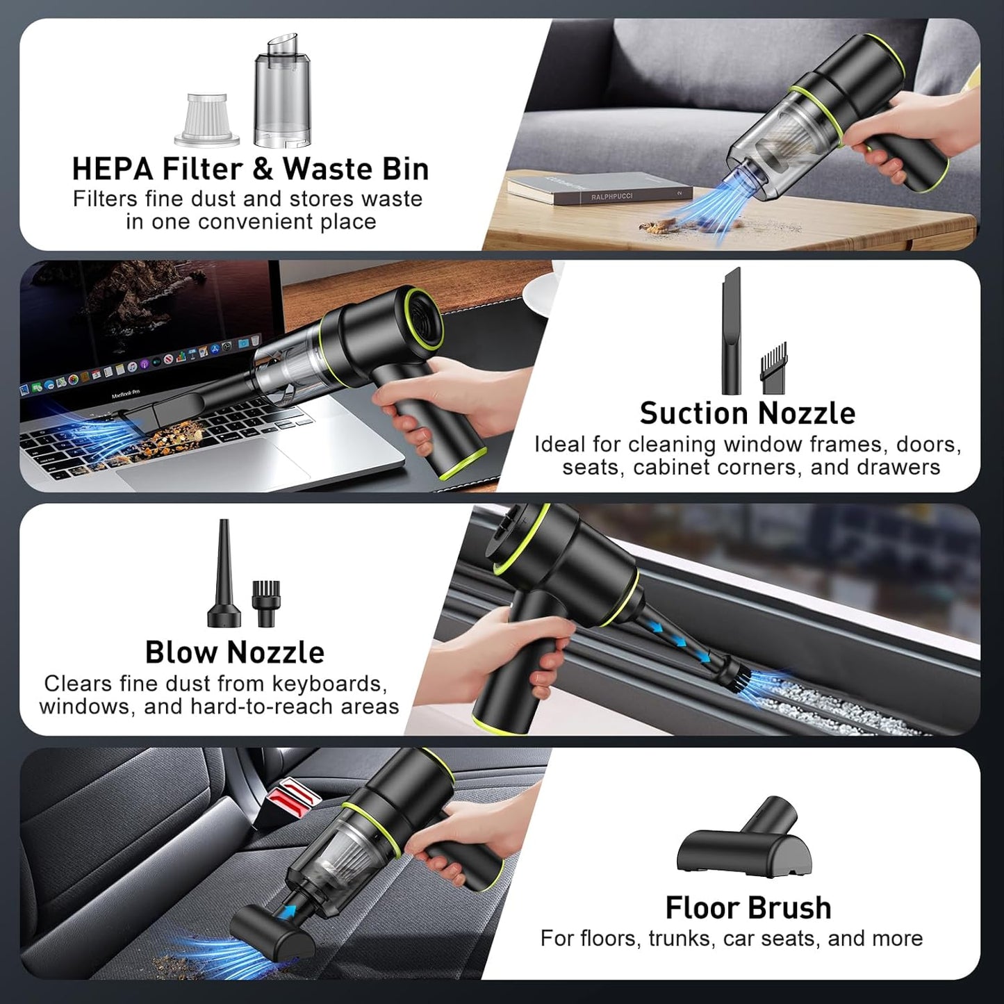 KMM Handheld Car Vacuum Cleaner, 9000Pa Vacuum Cleaner and Air Duster, 120W High Power Hand Held Vacuum with LED Light and Multi-Nozzles for Car, Home, Office, Pet