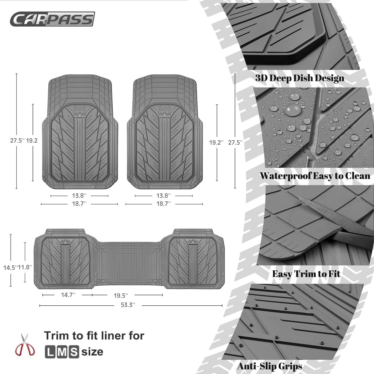 CAR PASS Heavy Rubber Car Floor Mats, Deep Waterproof Car Mats All Weather, Universal Trim-to Fit Automotive Floor Mats for Car SUV Truck Van, Durable Floor Liners Solid Black