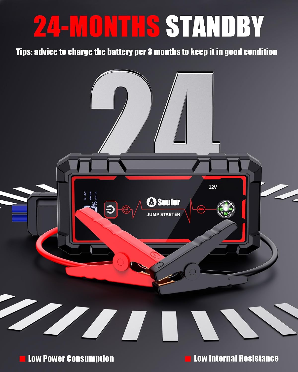 Jump Starter, Battery Jumper Starter Portable, Car Battery Jump Starter with 3 Modes Flashlight, Compass, Power Bank and Jumper Cable