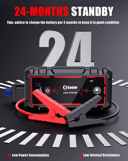 Jump Starter, Battery Jumper Starter Portable, Car Battery Jump Starter with 3 Modes Flashlight, Compass, Power Bank and Jumper Cable