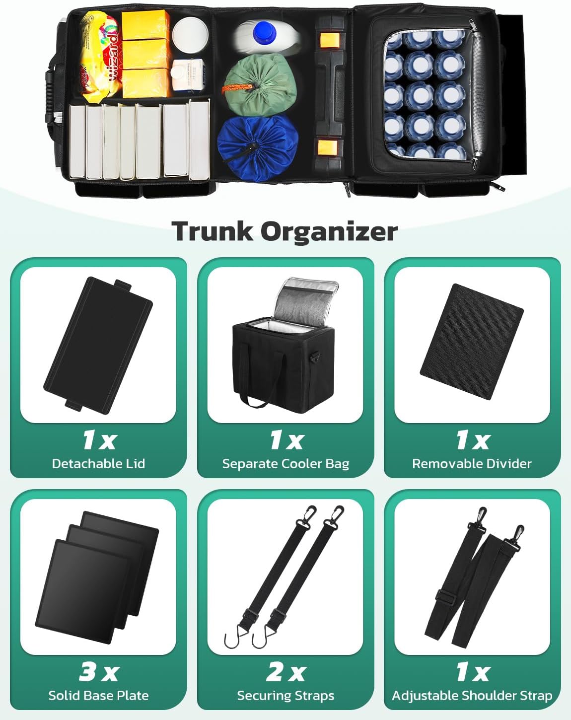 Oasser Car Trunk Organizer, 3 Compartments Collapsible Waterproof Car Organizer Storage with Foldable Cover, Reflective Strip, Non-Slip Bottom, 4 Mesh Pockets for SUV/Truck/Sedan/Camping/Road Trip