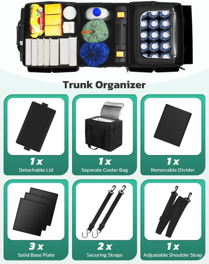 Oasser Car Trunk Organizer, 3 Compartments Collapsible Waterproof Car Organizer Storage with Foldable Cover, Reflective Strip, Non-Slip Bottom, 4 Mesh Pockets for SUV/Truck/Sedan/Camping/Road Trip