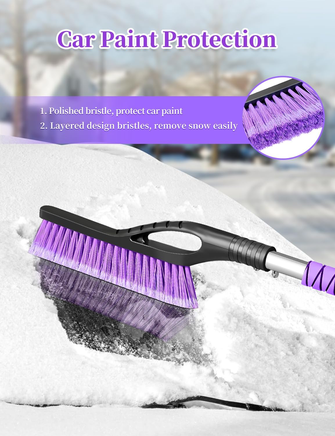 HEEYA 2 Pack 27 Inch Ice Scraper and Brush for Car, Snow Brush and Ice Scraper with Foam Grip, Detachable Snow Scraper for SUV Truck Vehicle Auto Windshield Window - Purple & Pink