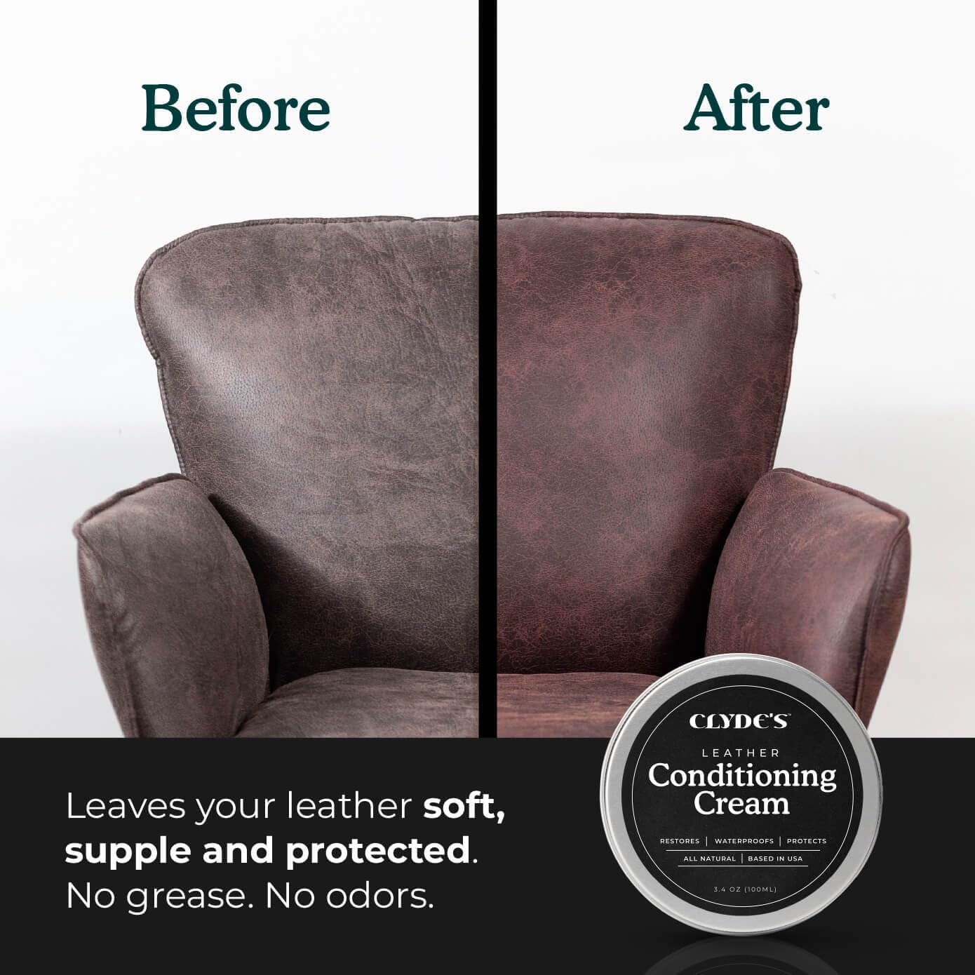 Clyde's™ Leather Conditioning Cream | All Natural, Non Toxic Formula | Restore & Repair Sofas, Car Seats, Shoes and More