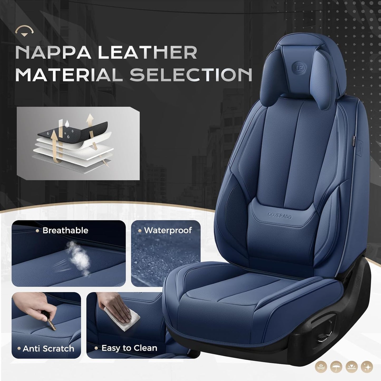 Coverado Seat Covers Full Set, Black Seat Covers for Cars 5 Seats, Car Seat Protector, Waterproof Nappa Leather Car Seat Cushion, Front and Rear Car Seat Cover Fit for Most Sedans SUV Pick-up Truck - Colors A