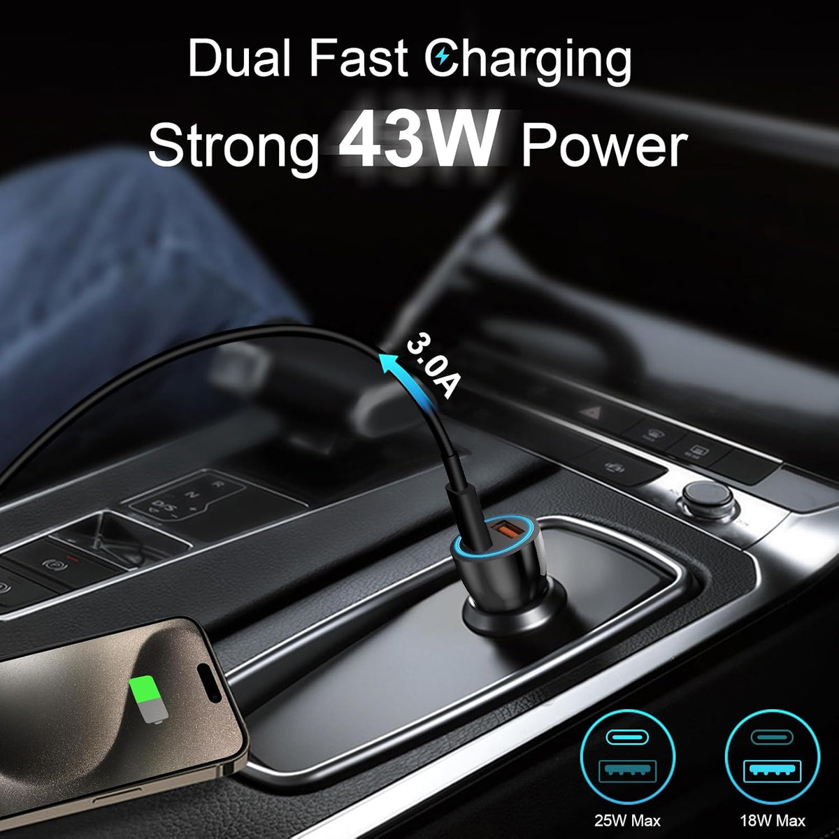 iPhone 17 16 15 Car Charger, [Apple MFi Certified] USB C Car Charger 43W Fast Charging with 3.3 FT Type C to C Cable, USB Car Adapter for iPhone 17/17 Pro/17 Pro Max/Air/16/15