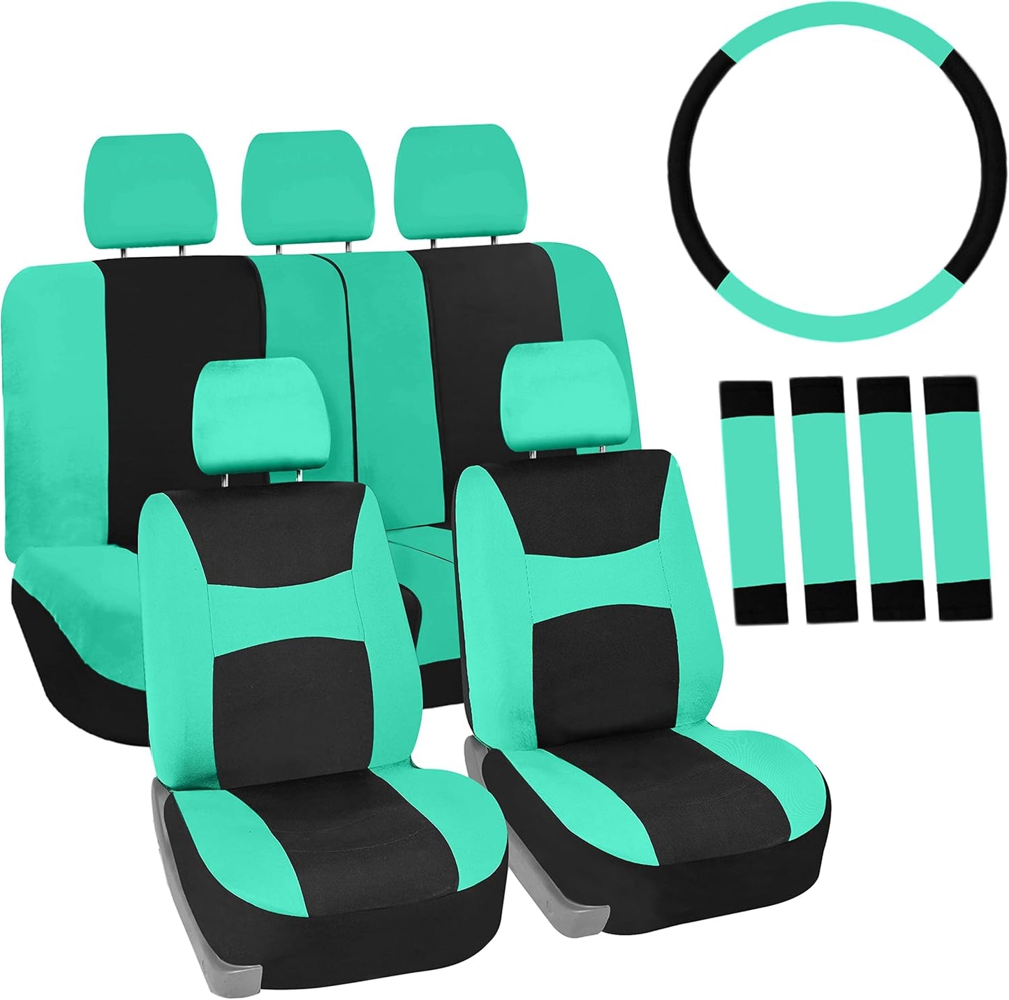 FH Group Full Set Cloth Car Seat Covers, Universal Fit Front and Split Bench Rear, Airbag Compatible, Washable for SUV, Sedan, Van - Black