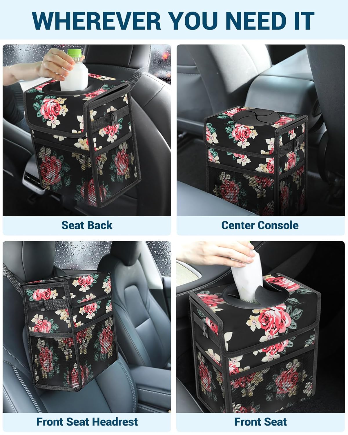 Capolo Car Trash Can with Lid, Leakproof Car Trash Bag Hanging Waterproof Automotive Garbage Can with Storage Pockets Mini Vehicle Trash Bin for Back/Front Seat(Black,2.5 Gallon)