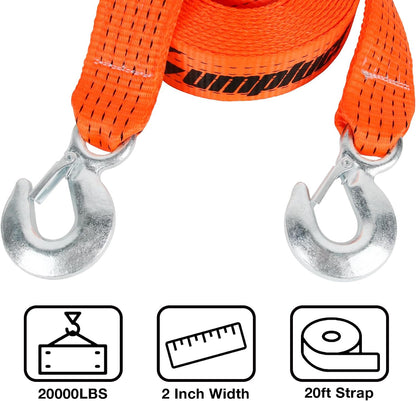 ATV Tow Strap with Hooks 20 ft,15000 lbs Towing Straps Heavy Duty with Hook 2 inch x 20 Foot Ropes for Trucks Vehicles Acessories,Cable for Truck Boat,Roadside Emergency Car Kit