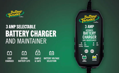 Battery Tender 3 AMP Battery Charger and Maintainer - Automotive Switchable 12V or 6V Smart Automatic for Cars SUVs and Trucks - Lead Acid, AGM, Gel, & Lithium Battery Charger - 022-0202-COS