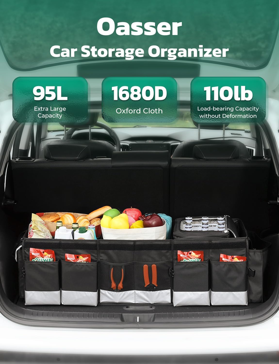 Oasser Car Trunk Organizer, 3 Compartments Collapsible Waterproof Car Organizer Storage with Foldable Cover, Reflective Strip, Non-Slip Bottom, 4 Mesh Pockets for SUV/Truck/Sedan/Camping/Road Trip