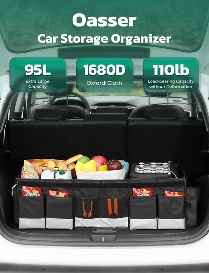 Oasser Car Trunk Organizer, 3 Compartments Collapsible Waterproof Car Organizer Storage with Foldable Cover, Reflective Strip, Non-Slip Bottom, 4 Mesh Pockets for SUV/Truck/Sedan/Camping/Road Trip