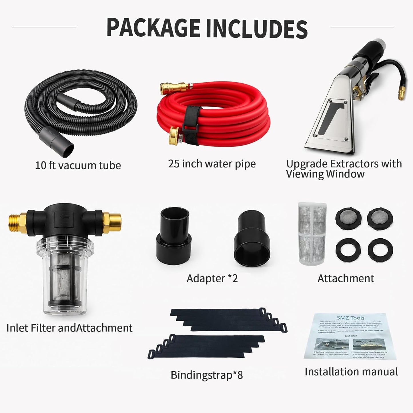 Shop Vac Extractor Hose Kit, Stainless Steel Extractor Wand with Viewing Window and Hose for Upholstery, Carpet Cleaning & Auto Detailing Shop Vacuum with Vacuum Hose, Waterline & Adapter Extractor
