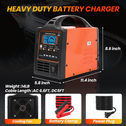 12V 24V Car Battery Charger Heavy Duty, 0-15A Automatic Battery Maintainer, Smart Trickle Charger with Repair & Winter Mode, Auto Shut-Off for AGM, Deep Cycle, Motorcycle, Truck, RV, Marine