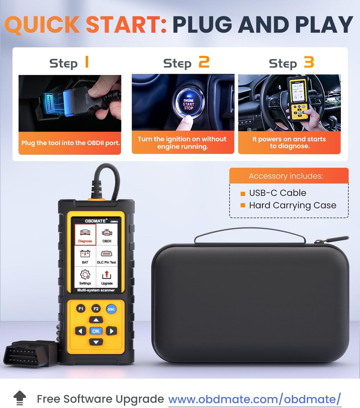 OBD2 Scanner with ABS SRS Transmission, Reset Fault Lights | Check Engine Code Reader with Full OBDII Functions | DLC Pin Test | Battery Voltage Check, Car Diagnostic Tool