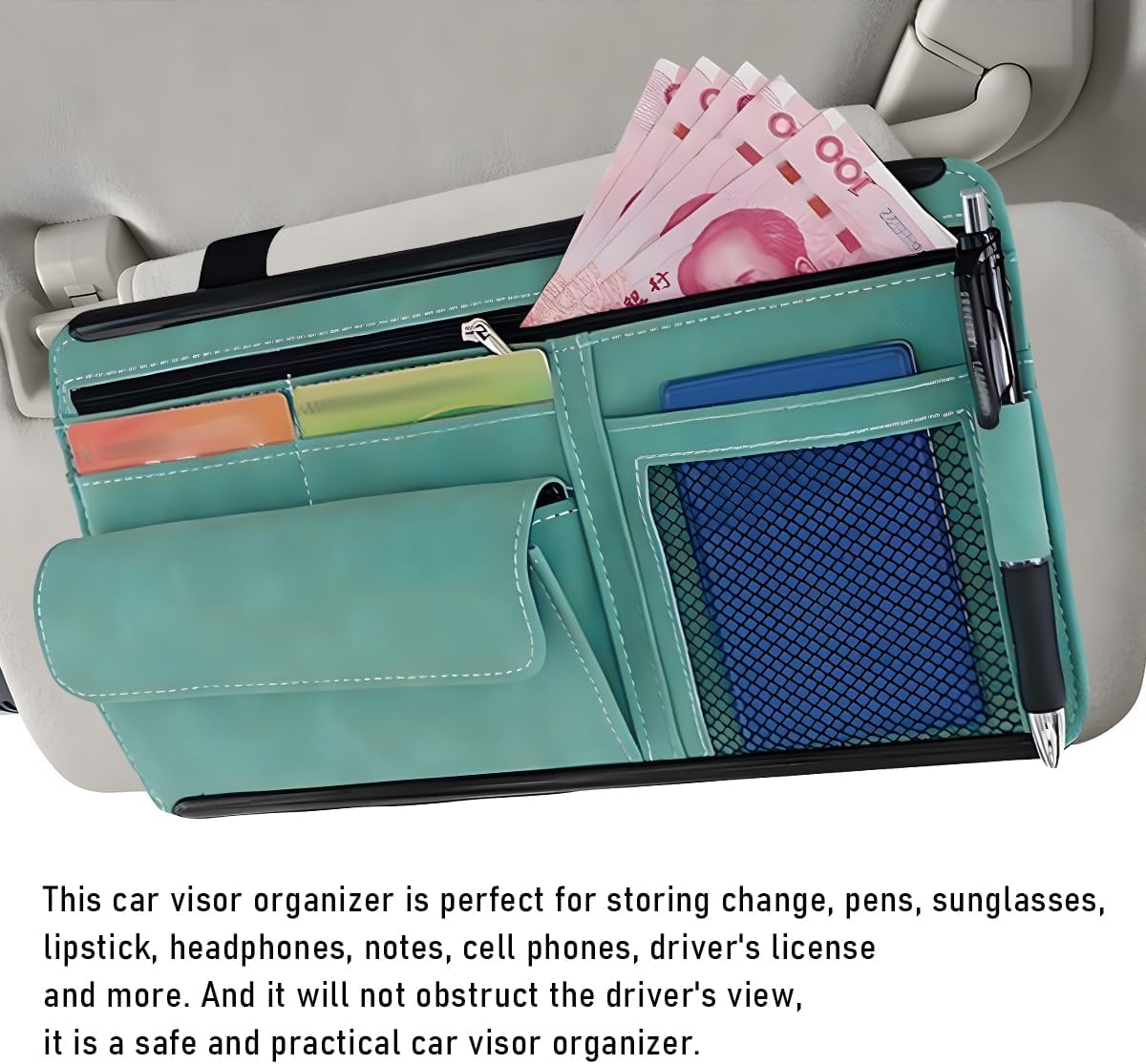 Yourkar Car Sun Visor Organizer, Soft Leather Surface Eyeglasses Note Card Holder Car Storage Bag, Scratch-Resistant Waterproof Auto Sunshade Organizer Bag, Car Accessories (Gray)