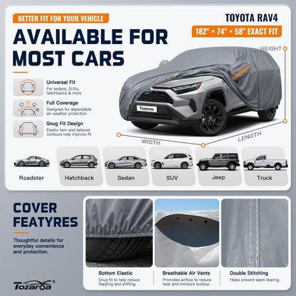 SUV Cover Waterproof All-Weather,Outdoor Full Exterior Automobiles SUV(Length 182-190 inch) with Windshield Sun Shade Universal Fit Toyota RAV4,CRV,Model Y,Q5,Size S2 (See SizeChart)