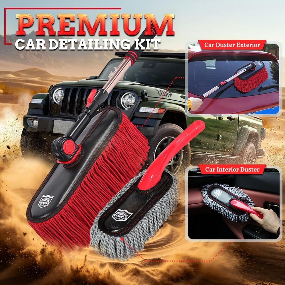 Car Duster Exterior Scratch Free,Car Dust Brush with Extendable Telescoping Handle to Remove Dust Pollen,Duster for Car,Truck,RV and Motorcycle,Large Auto Mop Duster Head, Wax Cotton Hair