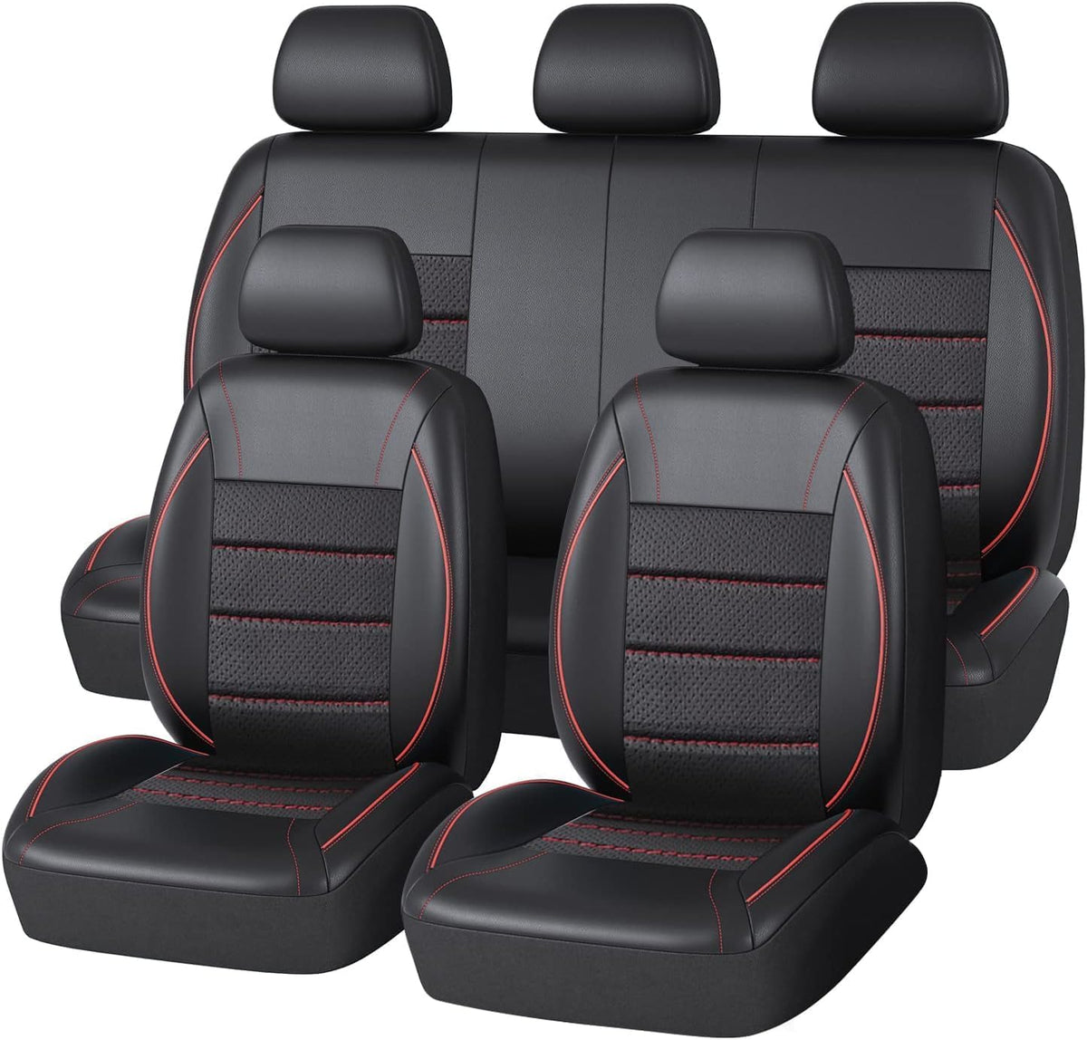 CAR PASS Universal FIT Piping Leather Two Front Seat Covers, Waterproof Faux Leather for SUV Sedan Van Truck, Airbag Compatible,Reserved Opening Holes for Headrest Covers. (Black red)