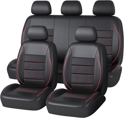 CAR PASS Universal FIT Piping Leather Two Front Seat Covers, Waterproof Faux Leather for SUV Sedan Van Truck, Airbag Compatible,Reserved Opening Holes for Headrest Covers. (Black red)