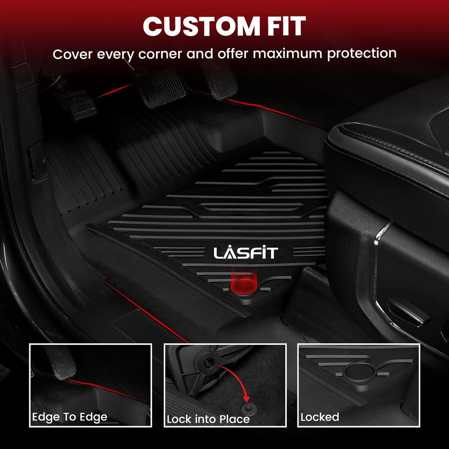 LASFIT Floor Mats for Ford F-150 2021-2026 | F150 Lightning 2022-2025 SuperCrew (Rear w/Fold Flat Storage) Carpet Floor All Weather Car Liners TPE Truck Mats - 1st and 2nd Row, 3pcs Black