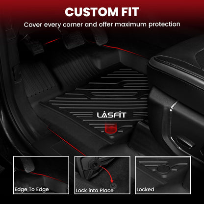 LASFIT Floor Mats for Ford F-150 2021-2026 | F150 Lightning 2022-2025 SuperCrew (Rear w/Fold Flat Storage) Carpet Floor All Weather Car Liners TPE Truck Mats - 1st and 2nd Row, 3pcs Black