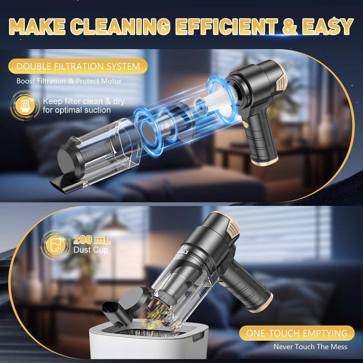 KMM Handheld Car Vacuum Cleaner, 10000PA Vacuum Cleaner & Air Duster, 120W High Power Hand Held Vacuum Cordless, Portable Vacuum Rechargeable with Multi-Nozzles & LED Light for Car, Home, Pet, Office