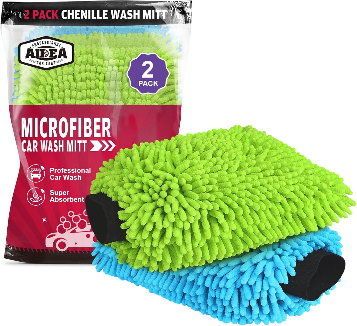 AIDEA Car Wash Mitt Microfiber, 1PK-Scratch-Free& Lint-Free, Premium Chenille Microfiber Mitt Car Wash Brush-Green Regular Size (7.12''X10.14'')