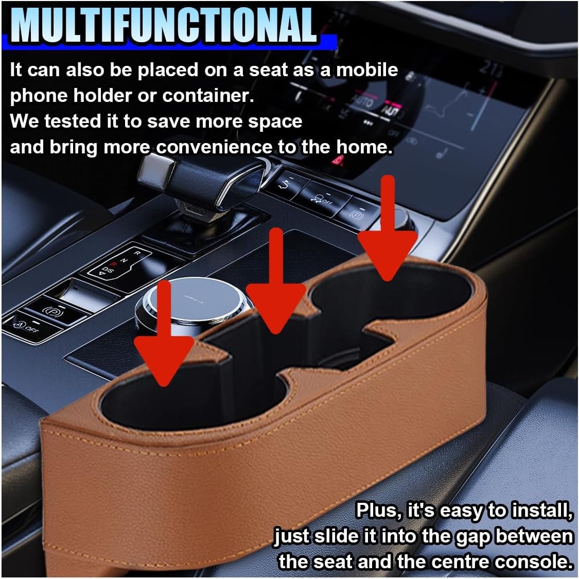 ZIMISI Car Cup Holder, PU Leather Auto Front Console Gap Filler Organizer, Multifunctional Cup Drink Holder, Car Seat Gap Filler Storage Box, Coin Bucket, Cell Mobile Phone Holder (Grey)