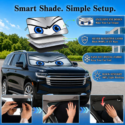 Car Windshield Sun Shade, Funny Cartoon Eyes Sun Visor for Car Windshield Universal Fits Sedan Compact Car Hatchback SUV, UV Heat Protection - 59 x 27.5