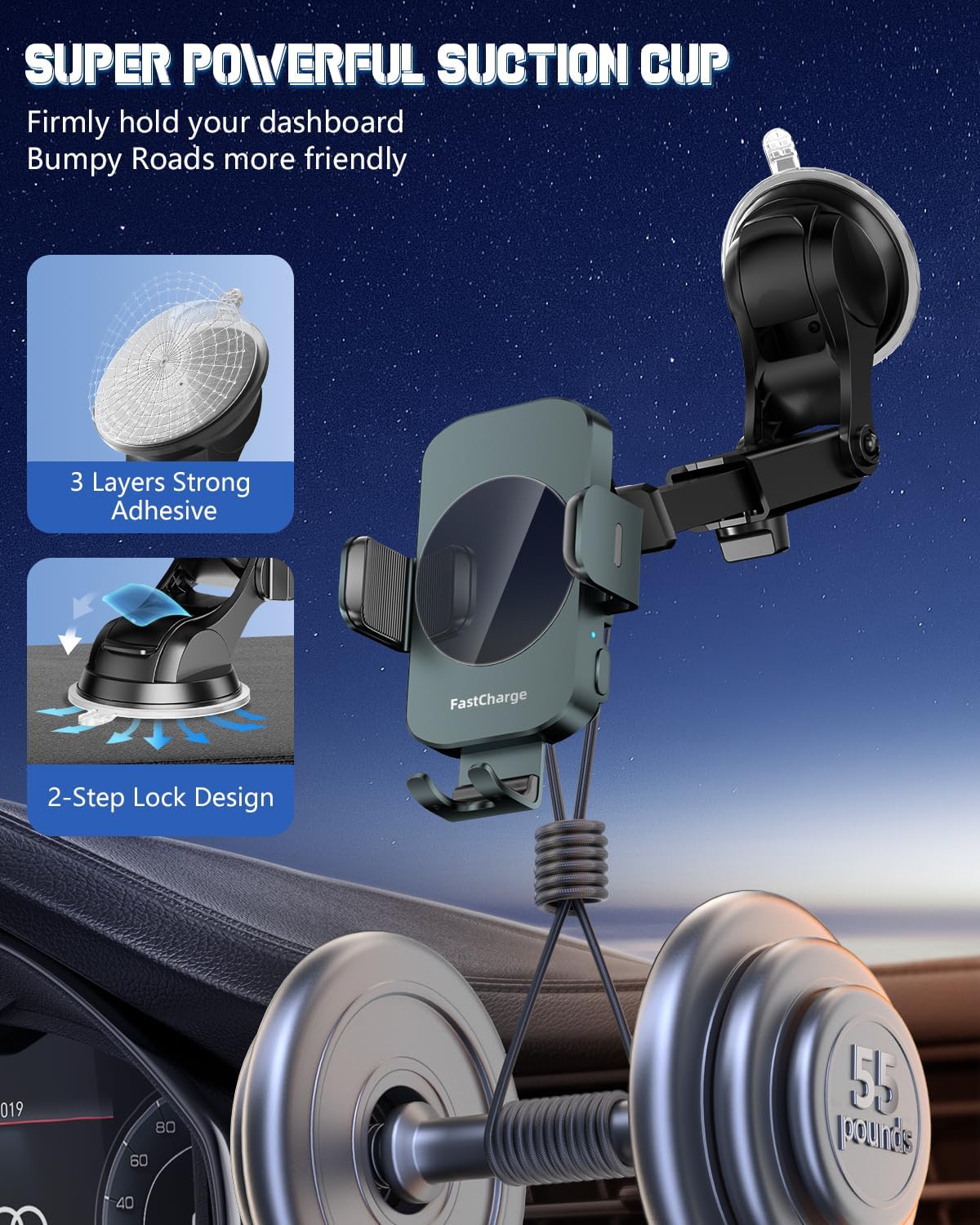 3-in-1 Wireless Car Charger Mount, 15W Fast Charging Auto-Clamping Phone Holder for iPhone 17 16 15 14, Samsung Galaxy S24 S23, Dashboard, Vent & Windshield Car Mount(Black)